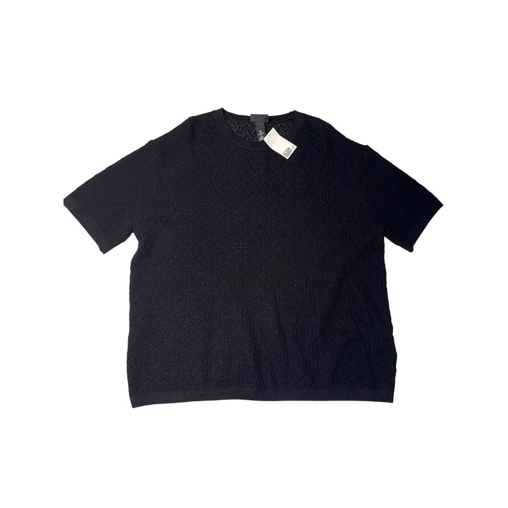H&M Knit Sweater Mens Large Black Short Sleeve Open Knit Pointelle Regular Fit